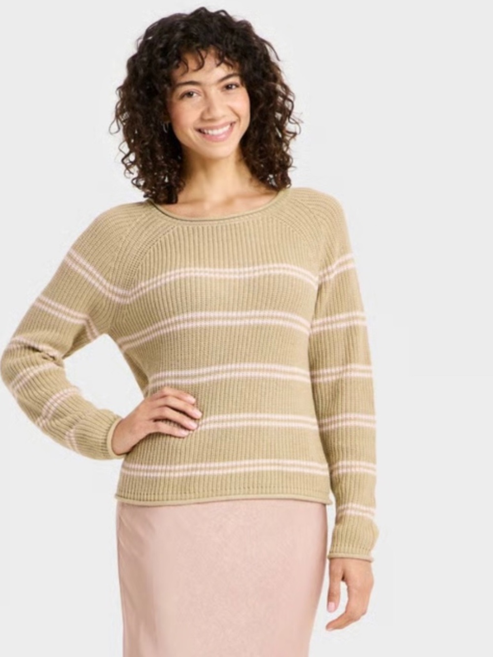 A New Day Women's Knit Pullover Sweater Tan Pink Striped S NWT